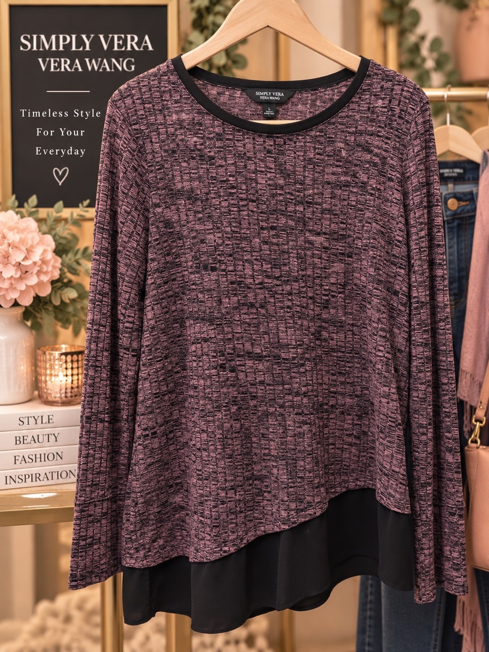 Simply Vera Vera Wang Plum Textured Long-Sleeve Layered Hem Top